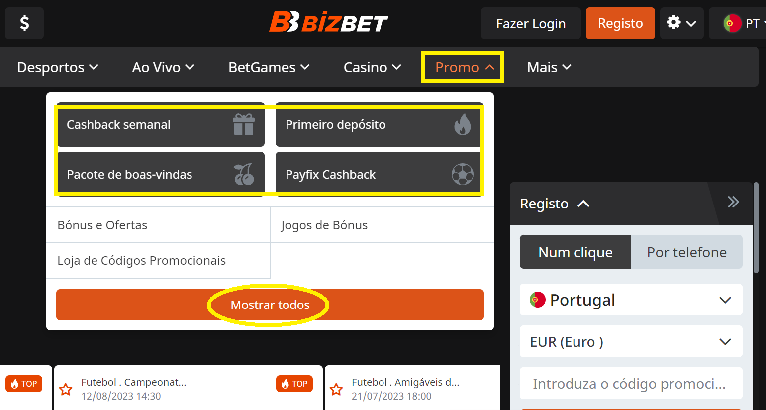 Vantagens código promocional Bizbet hoje