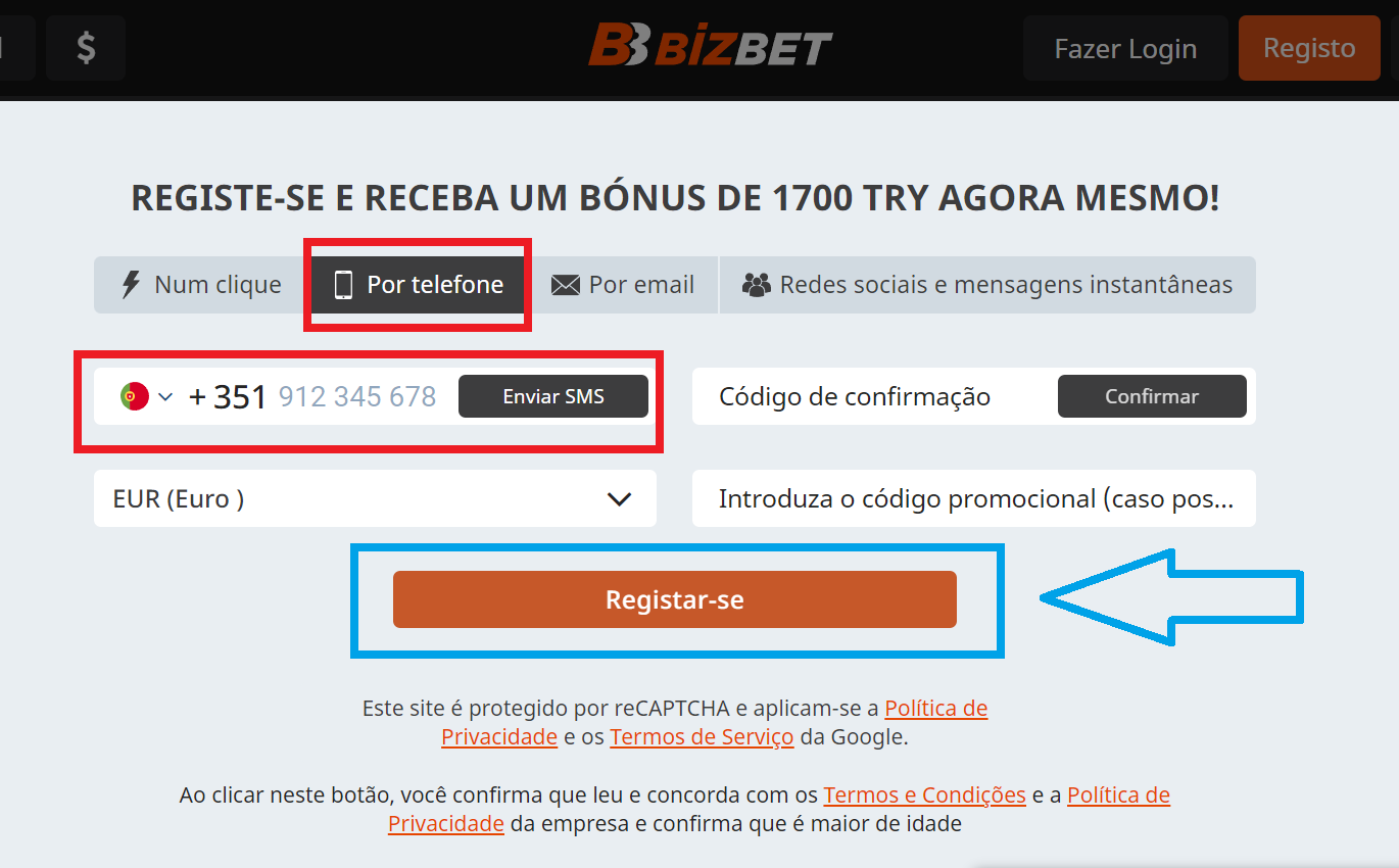 Registro Bizbet per número de telefone 